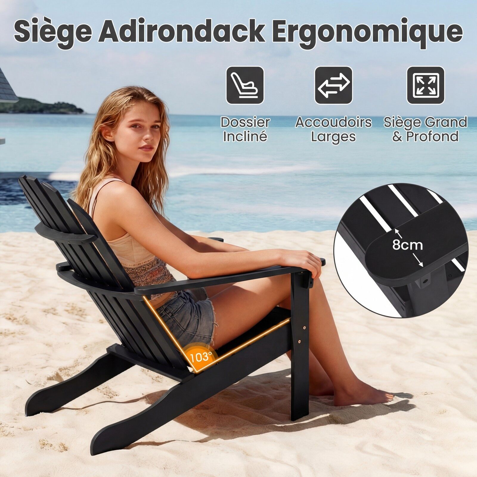 Adirondacki terrassitool, akaatsiapuidust kaminatool kaldus istme ja kõrge seljatoega, ergonoomiline liistudega tool, must