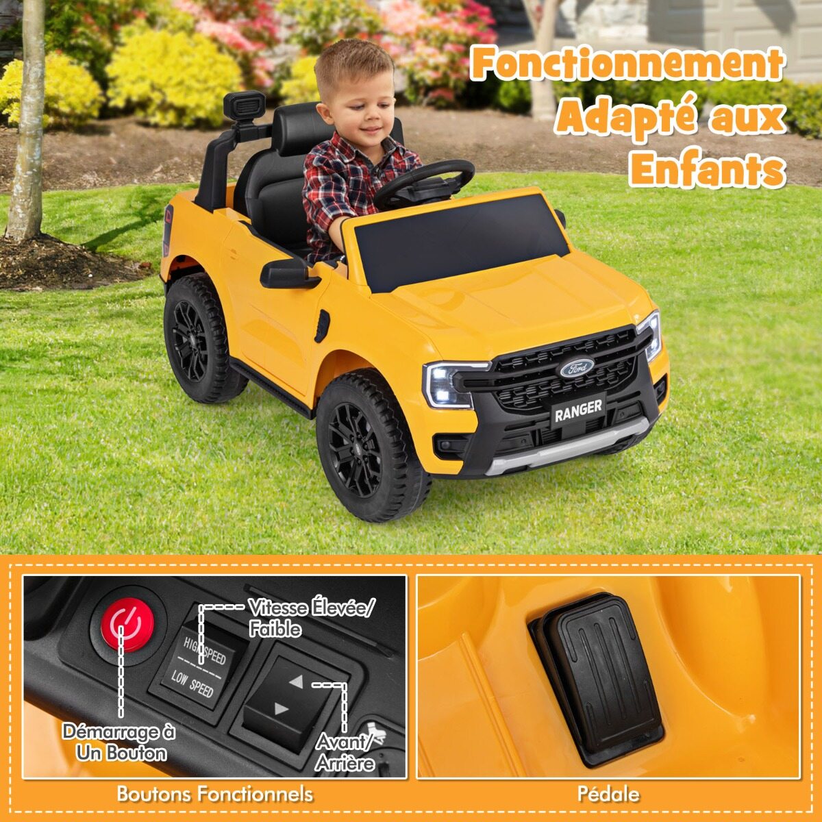 Laste elektriauto Ford 12 V laste elektriauto puldi, hoiukorvi, USB ja muusikaga, kollane