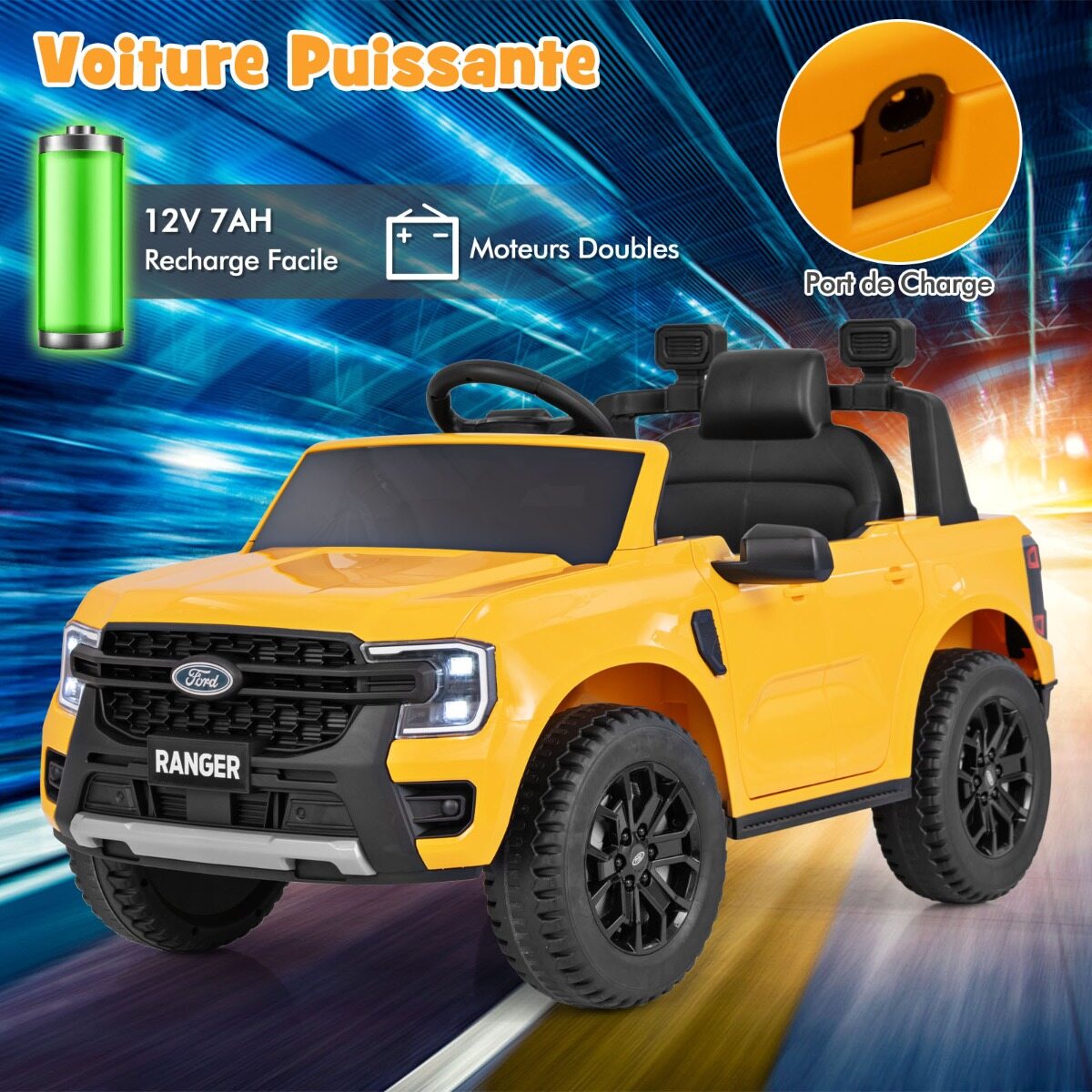 Laste elektriauto Ford 12 V laste elektriauto puldi, hoiukorvi, USB ja muusikaga, kollane