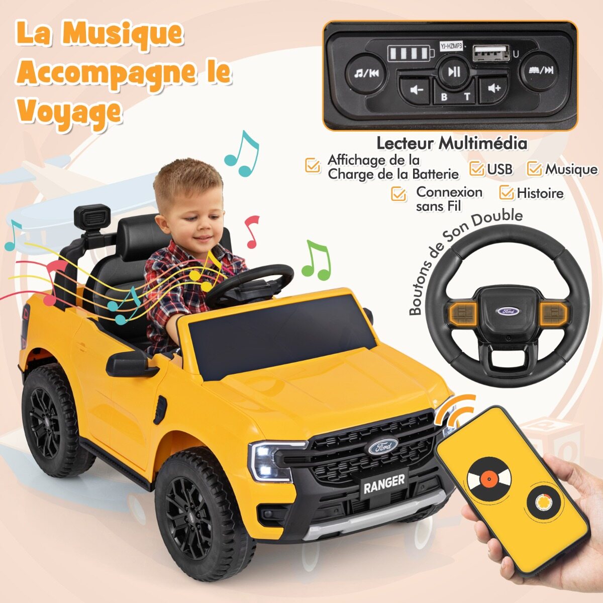 Laste elektriauto Ford 12 V laste elektriauto puldi, hoiukorvi, USB ja muusikaga, kollane