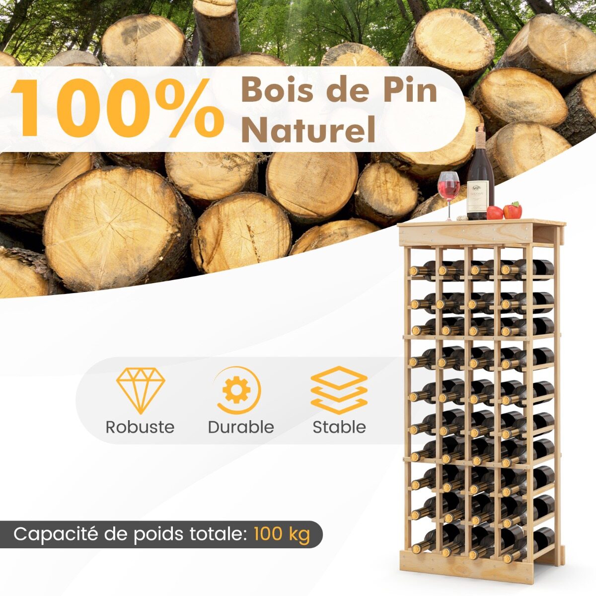Täispuidust veiniriiul 40 pudelile, tugevdatud risttaladega, naturaalne