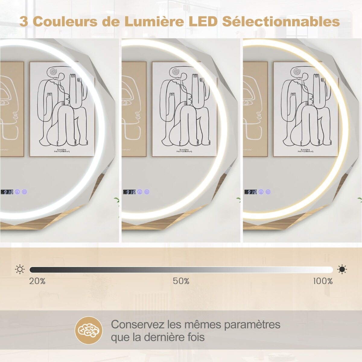 LED-vannitoa peegel valgustuse, kella ja puutetundliku lülitiga, uduvastane vannitoapeegel