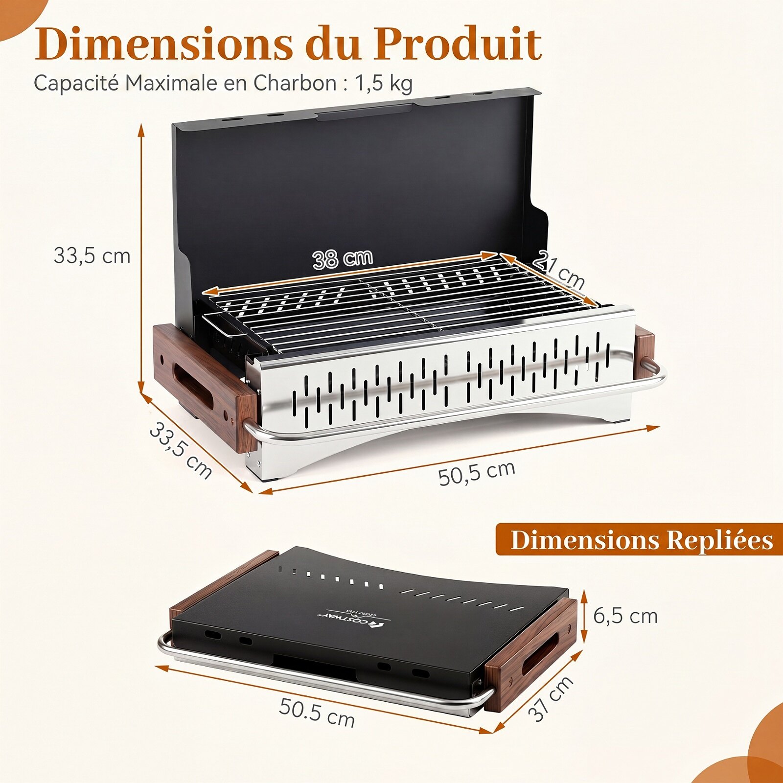 Kokkupandav söegrill kahe reguleeritava grillikõrgusega, eemaldatav söealus, 4-küljeline ventilatsioon, 50,5 x 33,5 x 33,5 cm, must