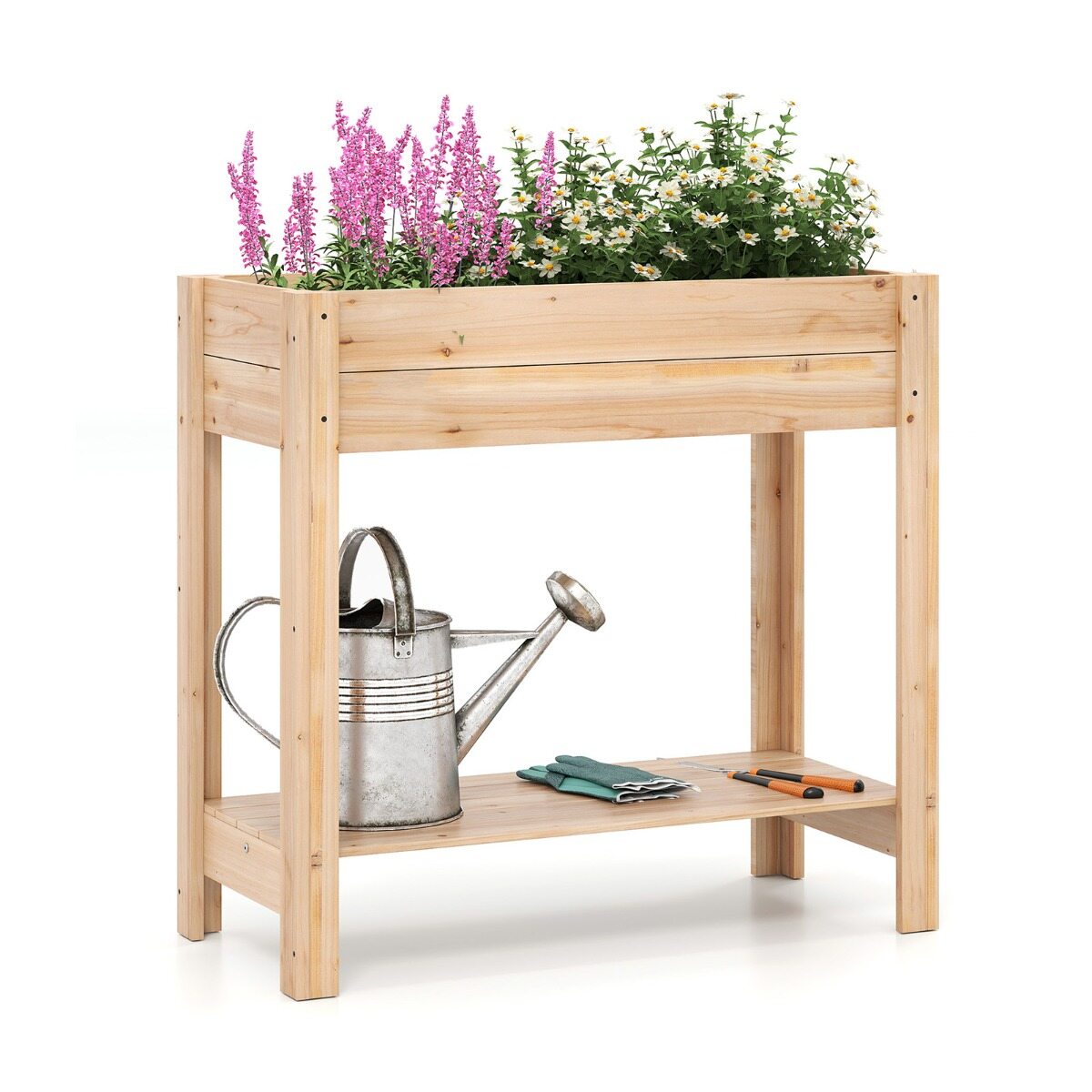 Puidust lillepott jalgadega, peenar hoiuriiuli ja drenaažiaukudega, lillekanum 81x38x76cm