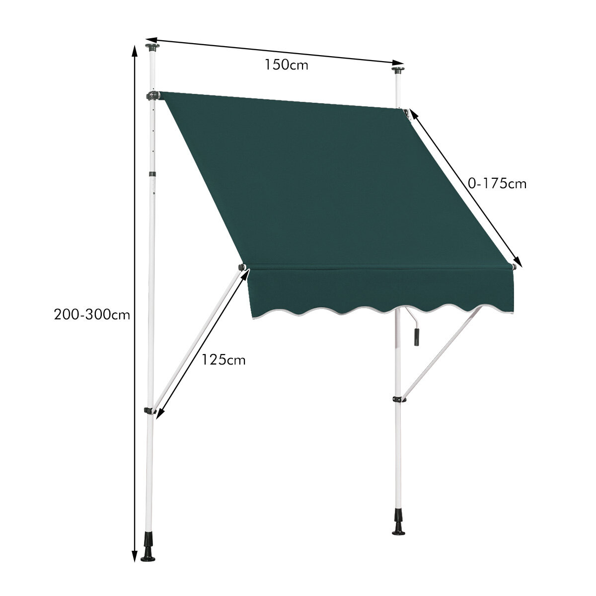 Käsitsi väljatõmmatav varikatus 150 x 125 cm, reguleeritava kõrgusega 2-3 m, puurimist mittevajav, metall ja kangas, aknale, rõdule või aeda, roheline