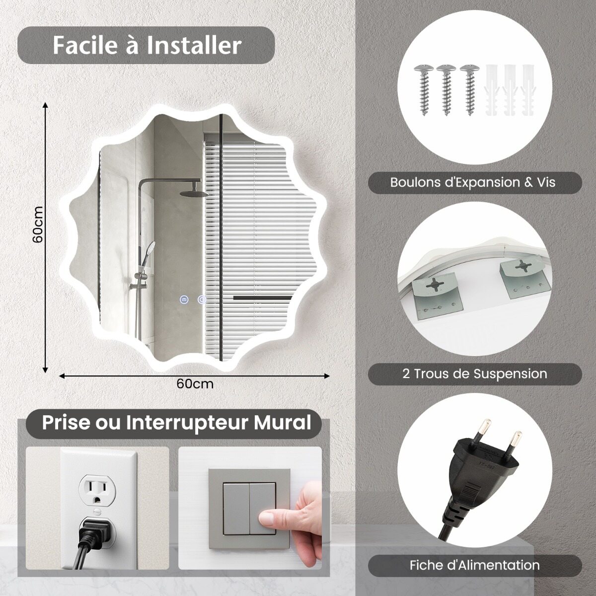 Vannitoa peegel uduvastase peegli, soojendusega lainelise disainiga LED-peegelseina peegel 60 x 60 cm