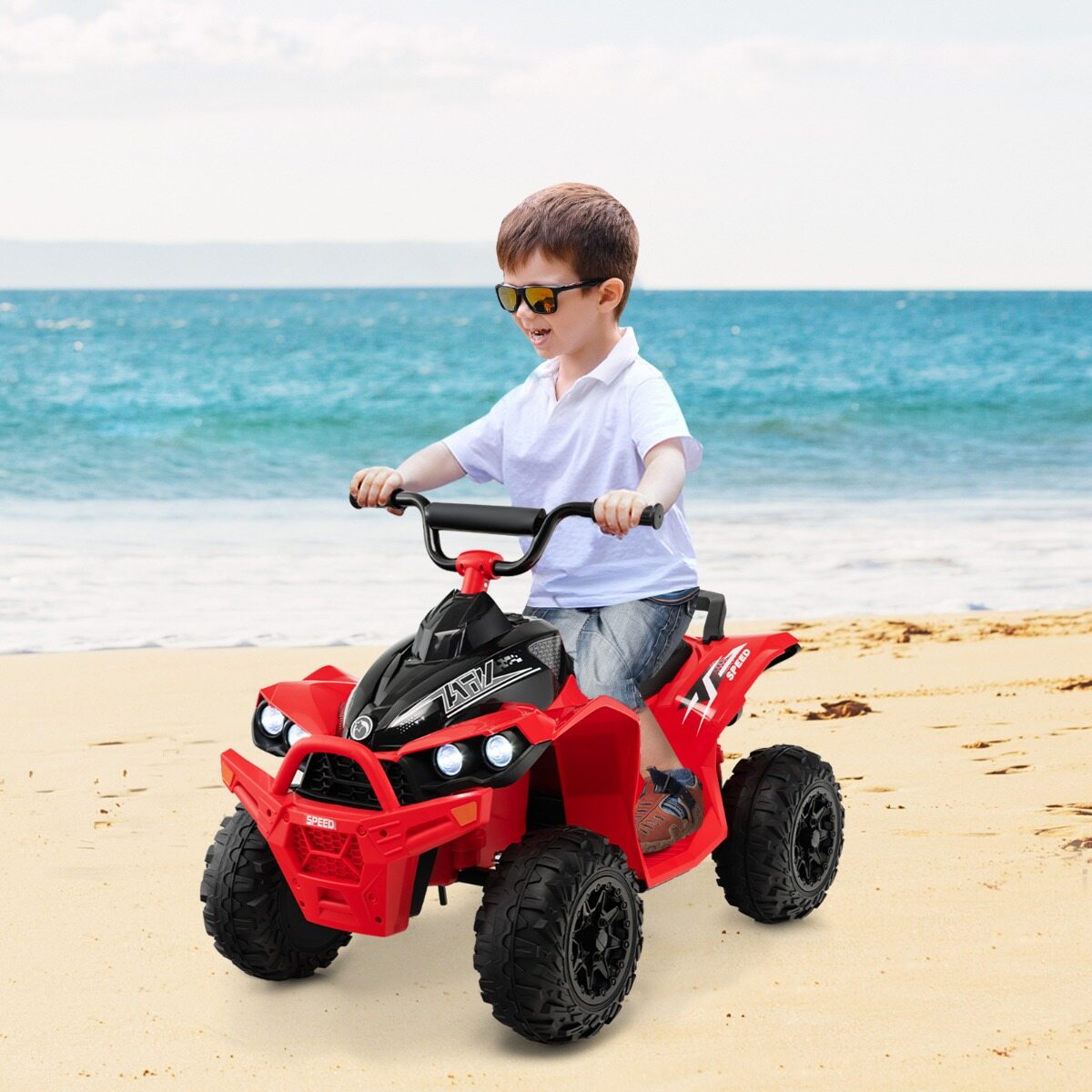 12 V elektriline laste ATV kiirusega 2,2/4,3 km/h, signaali, muusika ja LED-tuledega, punane