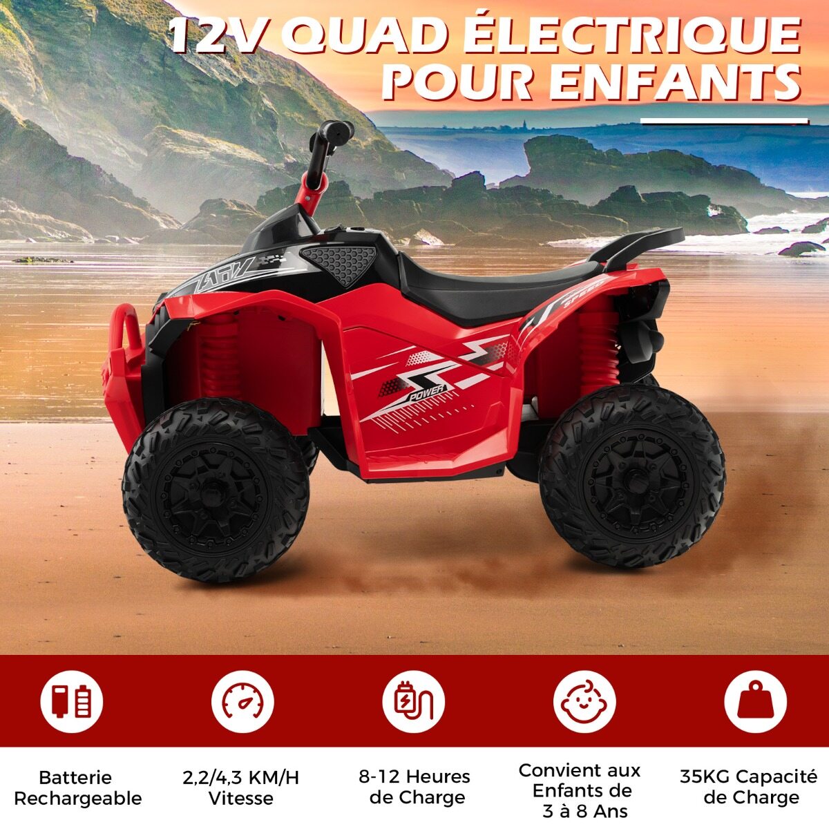 12 V elektriline laste ATV kiirusega 2,2/4,3 km/h, signaali, muusika ja LED-tuledega, punane