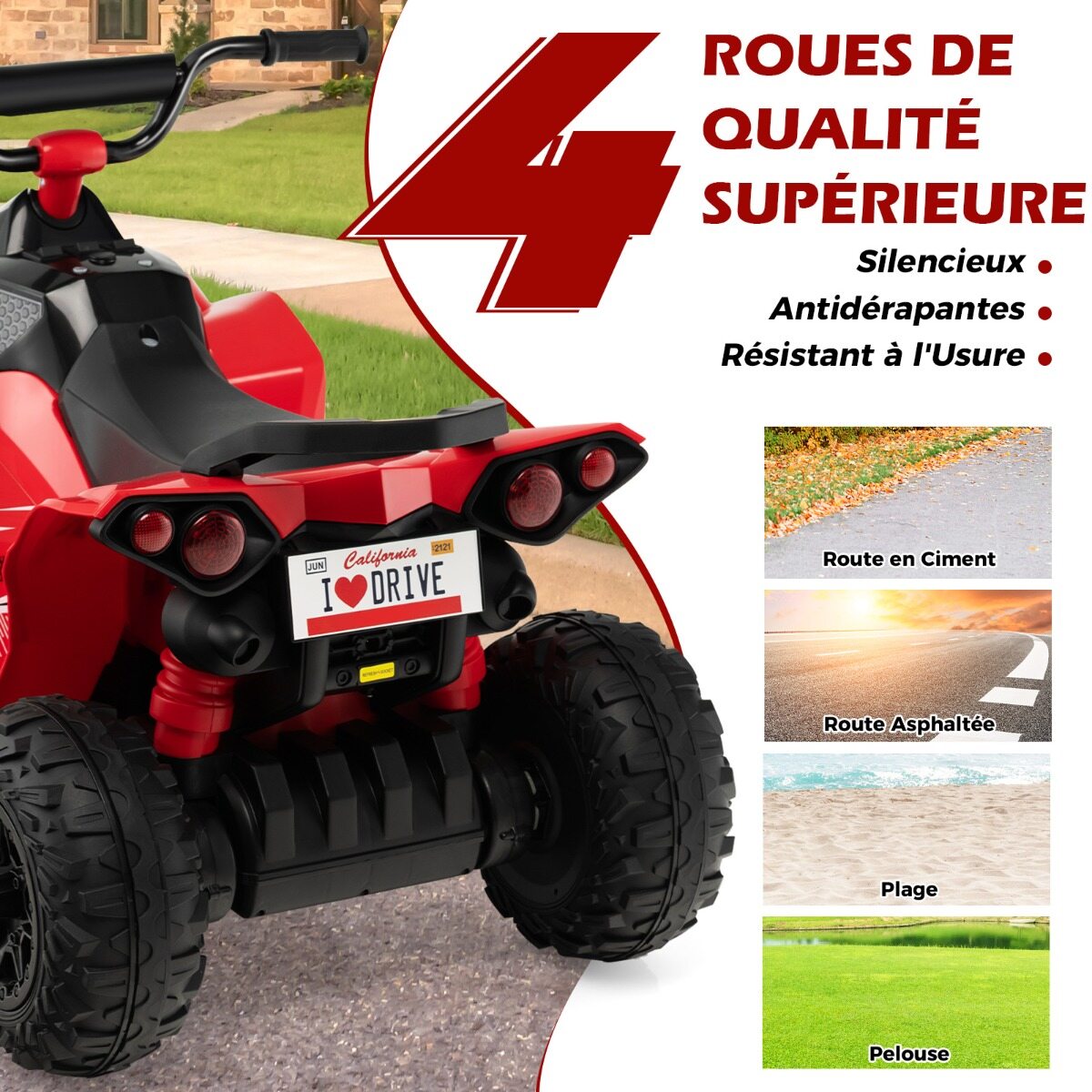 12 V elektriline laste ATV kiirusega 2,2/4,3 km/h, signaali, muusika ja LED-tuledega, punane