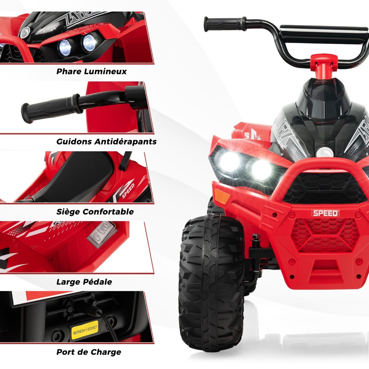 12 V elektriline laste ATV kiirusega 2,2/4,3 km/h, signaali, muusika ja LED-tuledega, punane