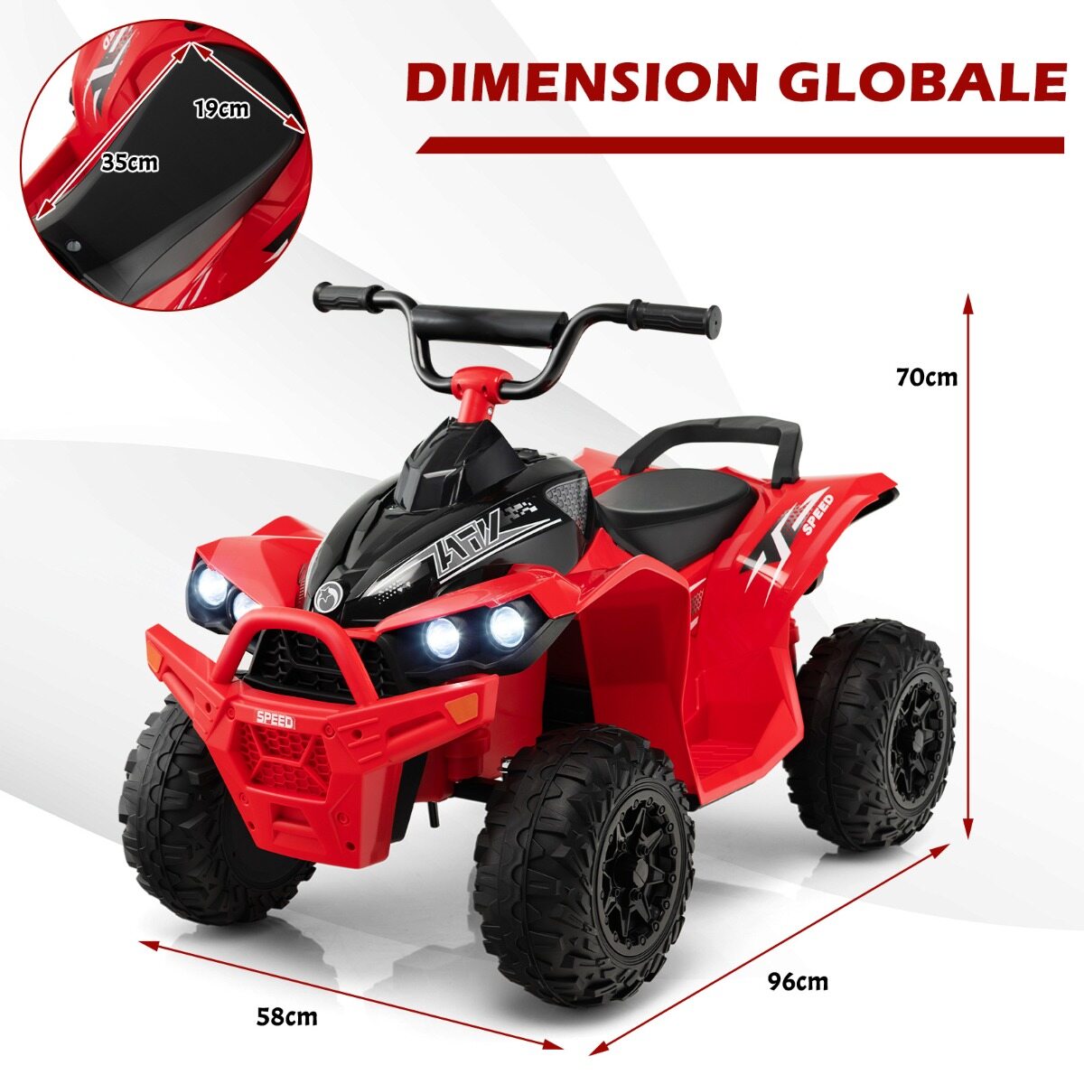 12 V elektriline laste ATV kiirusega 2,2/4,3 km/h, signaali, muusika ja LED-tuledega, punane