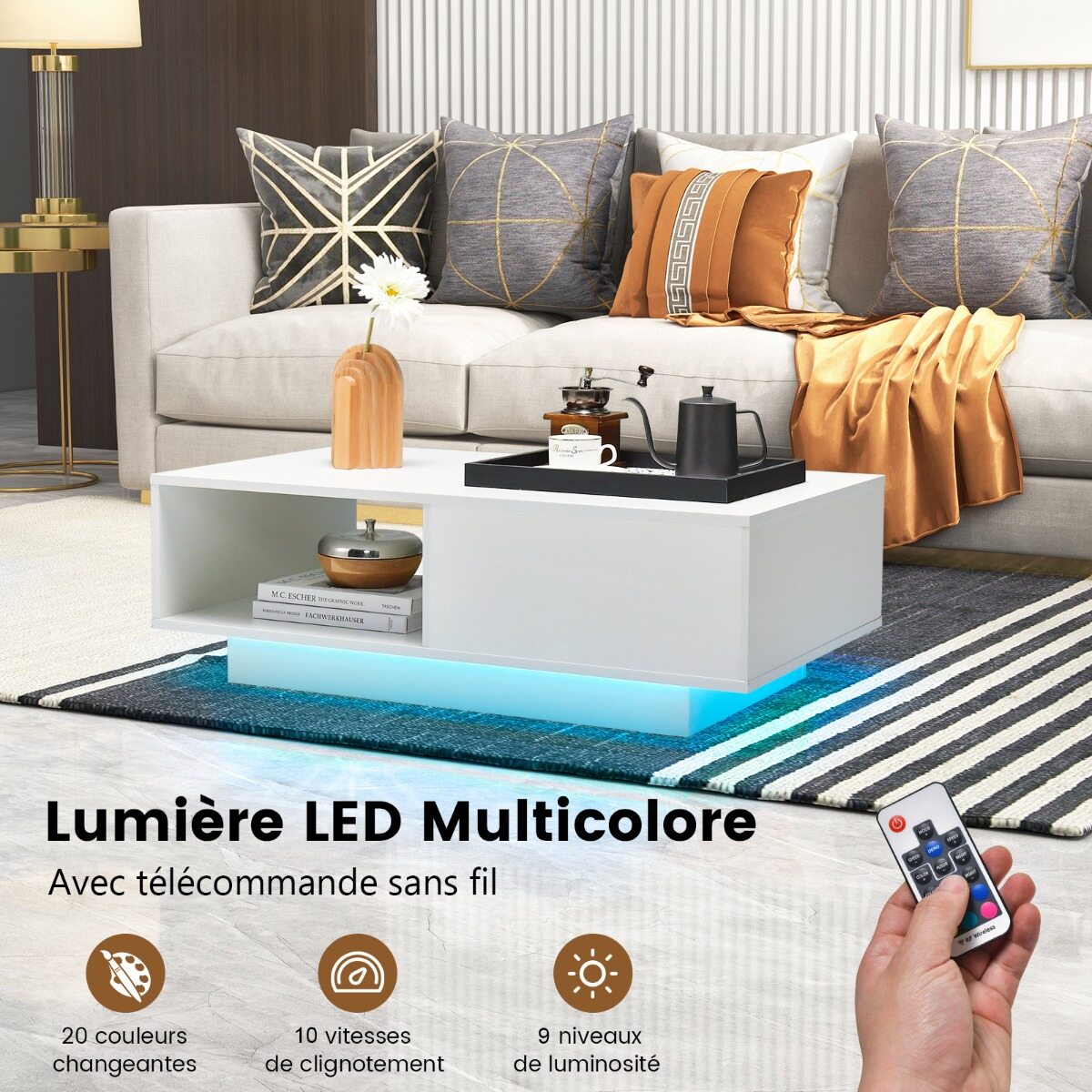 Kaasaegne kohvilaud LED-tuledega 20 värvitoonis 95x55x31 cm elutoalaud suure sahtli ja sektsiooniga, valge