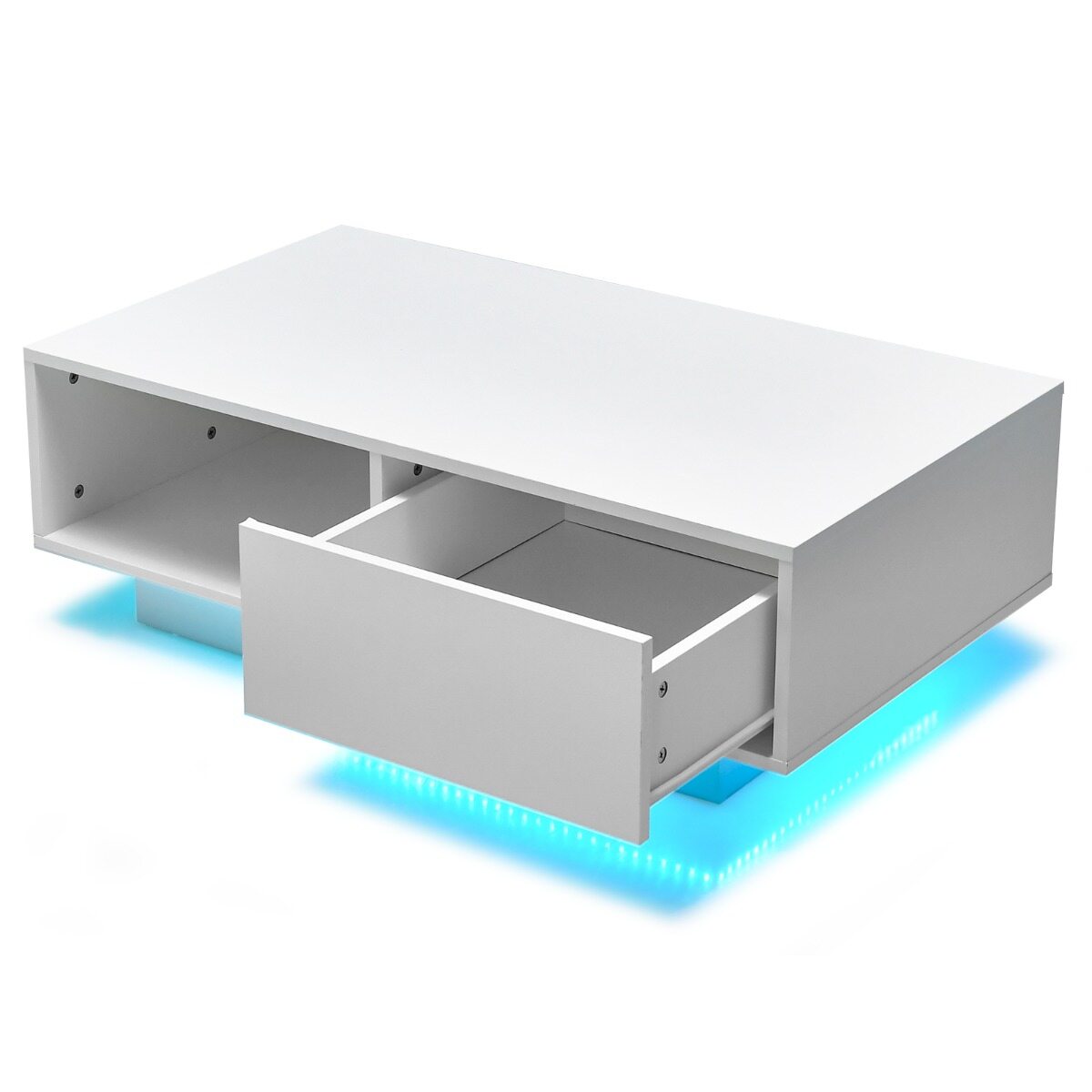Kaasaegne kohvilaud LED-tuledega 20 värvitoonis 95x55x31 cm elutoalaud suure sahtli ja sektsiooniga, valge