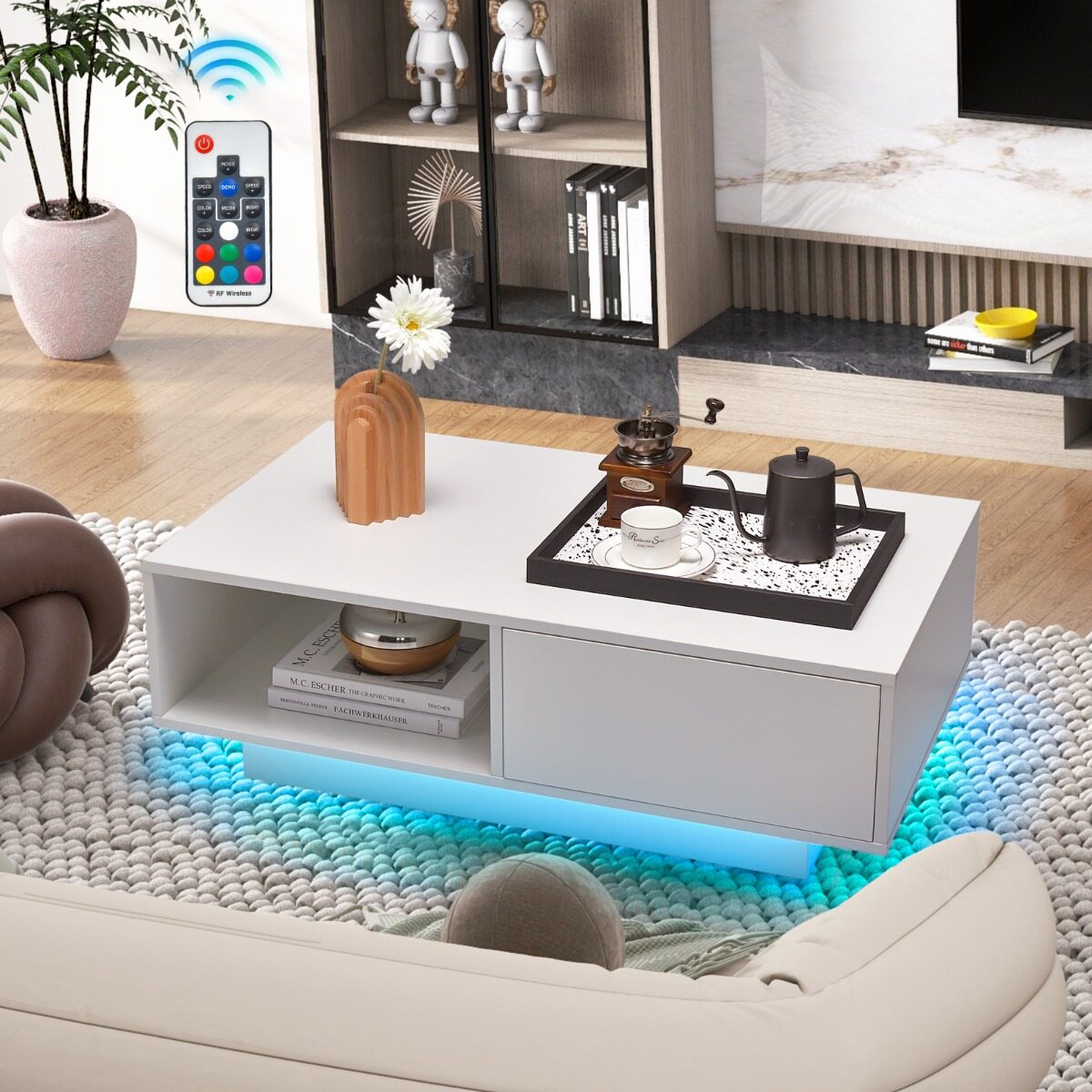Kaasaegne kohvilaud LED-tuledega 20 värvitoonis 95x55x31 cm elutoalaud suure sahtli ja sektsiooniga, valge