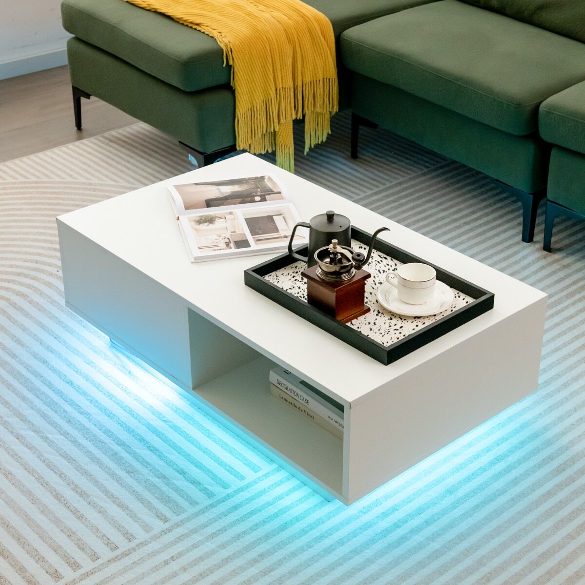 Kaasaegne kohvilaud LED-tuledega 20 värvitoonis 95x55x31 cm elutoalaud suure sahtli ja sektsiooniga, valge