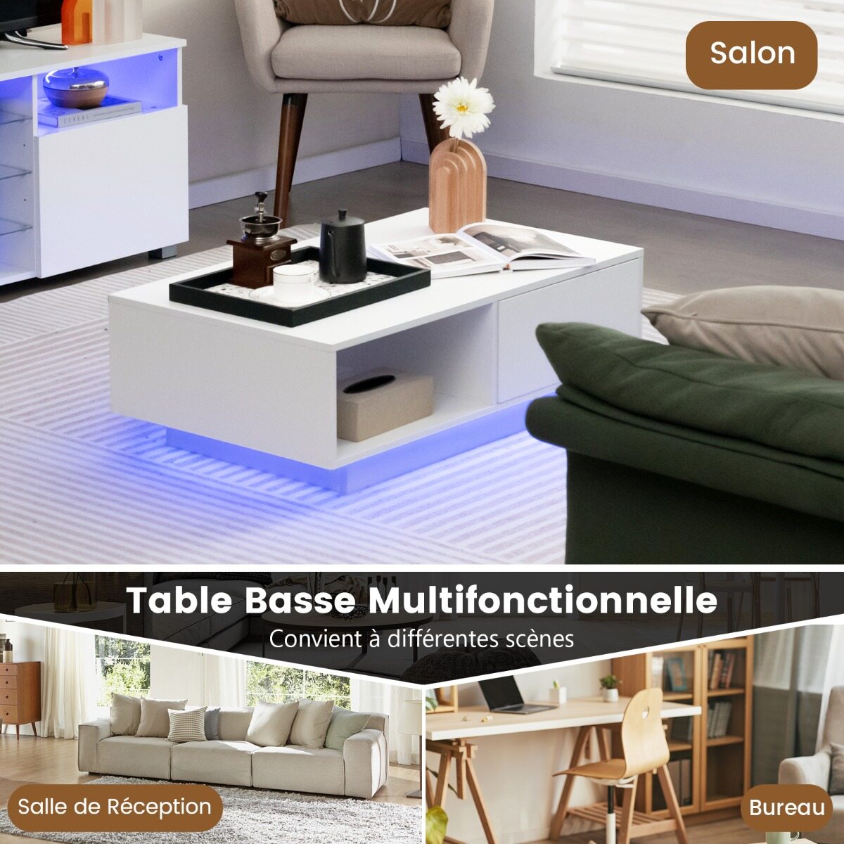 Kaasaegne kohvilaud LED-tuledega 20 värvitoonis 95x55x31 cm elutoalaud suure sahtli ja sektsiooniga, valge