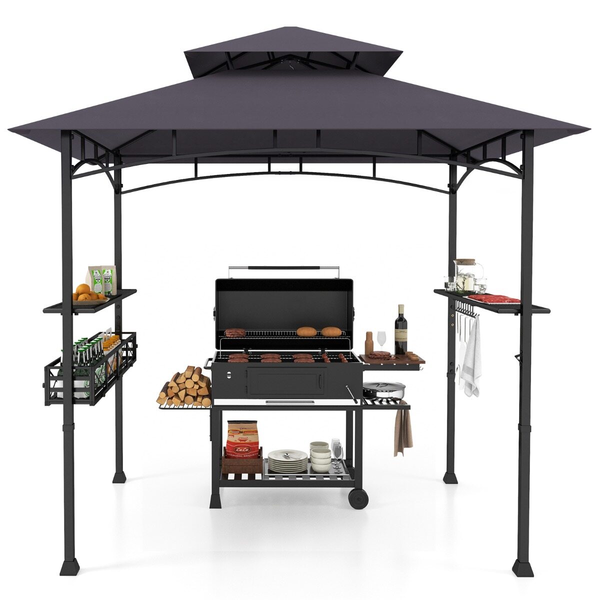 Grillivarikatus 242 x 153 cm kahe külgriiuliga, grilli varjualune metallraamiga ja hoiukorviga, tumehall