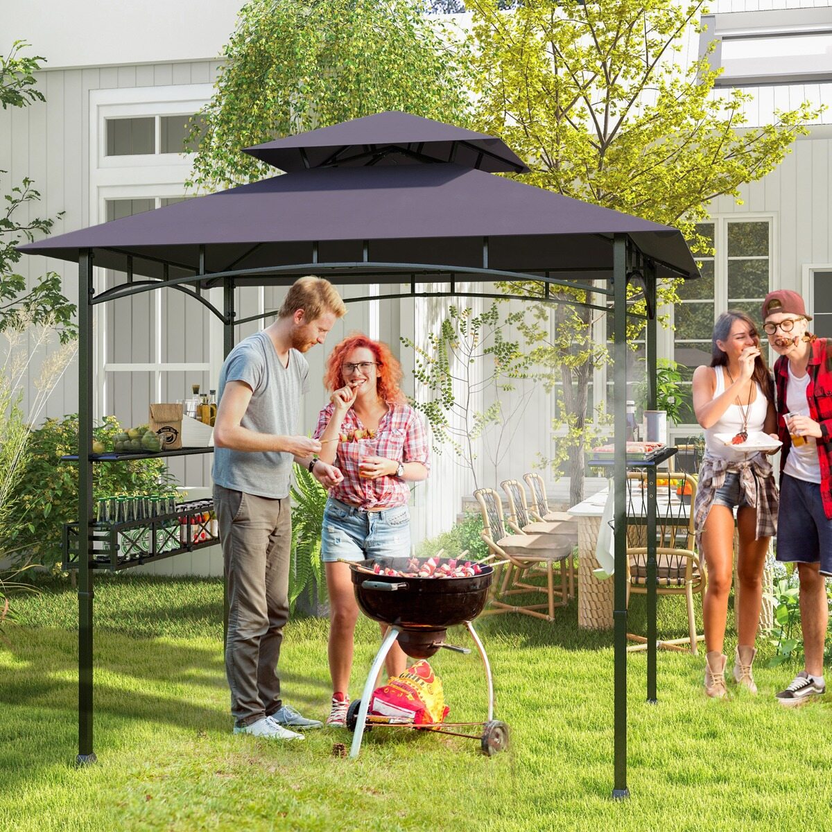 Grillivarikatus 242 x 153 cm kahe külgriiuliga, grilli varjualune metallraamiga ja hoiukorviga, tumehall