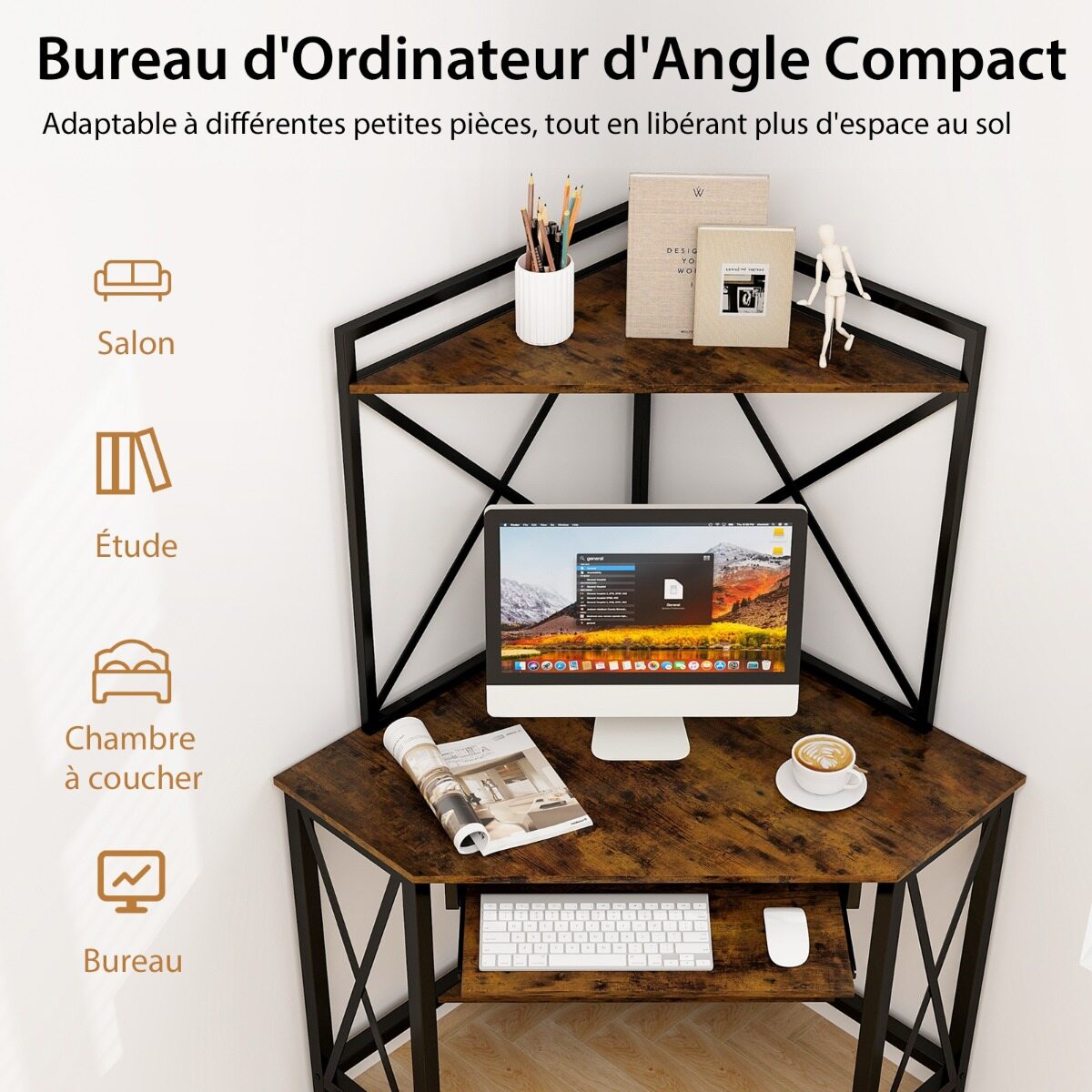 Laud laadimisjaamaga, nurgaarvutilaud klaviatuuririiuli ja 2 riiuliga, 113 x 75 x 145 cm, maalähedane pruun + must