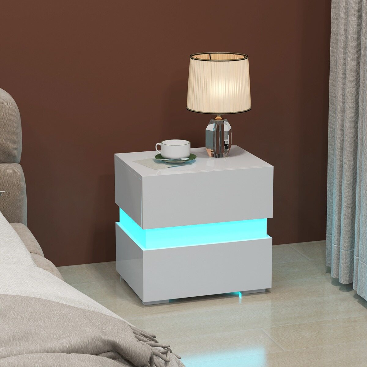 Öökappide komplekt 2 LED-öökappi, kõrgläikega öökapp, öökapp 2 sahtliga, valge