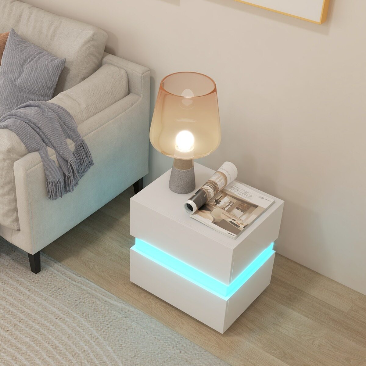 Öökappide komplekt 2 LED-öökappi, kõrgläikega öökapp, öökapp 2 sahtliga, valge