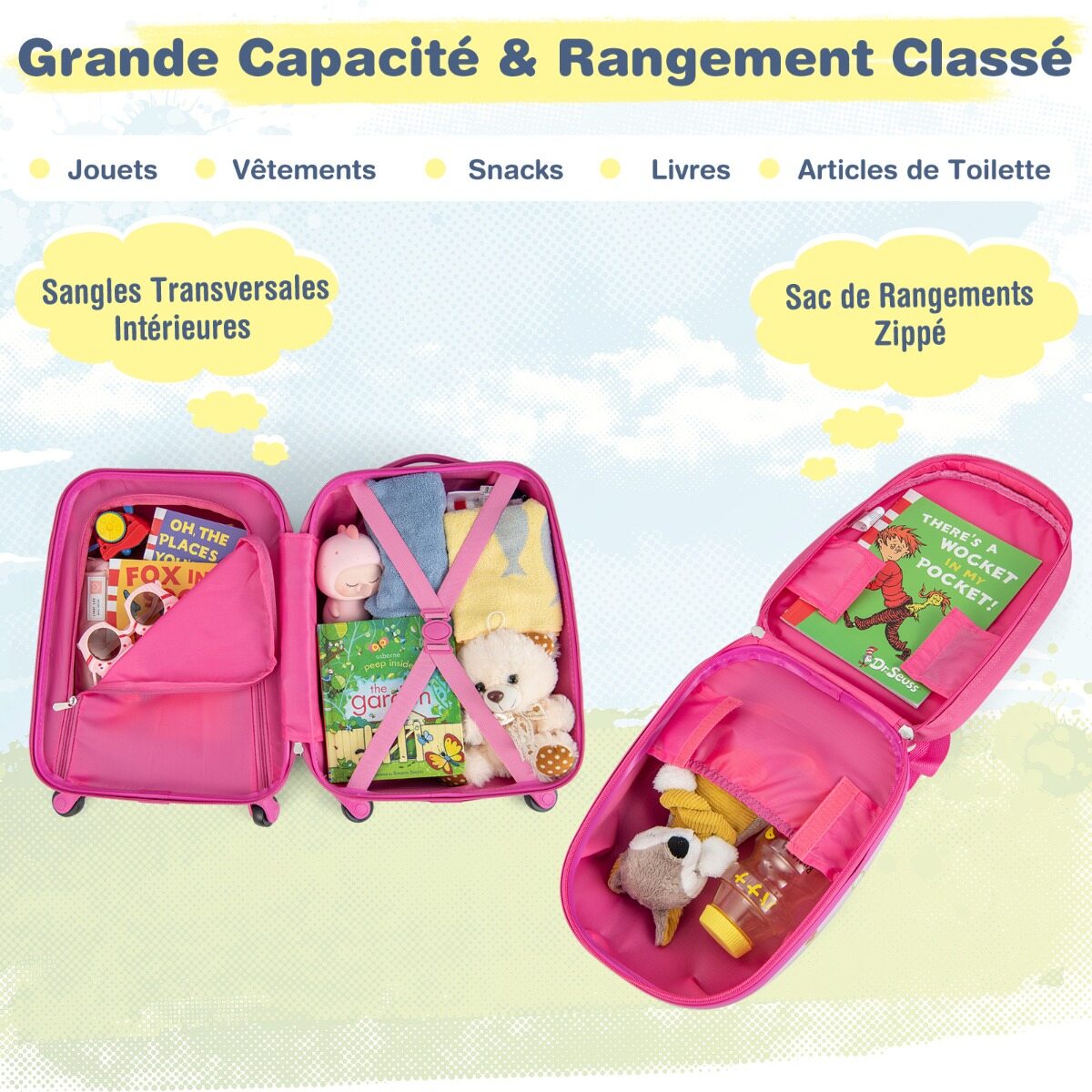 2-osaline laste kohvrikomplekt rataste ja reguleeritava kõrgusega käepidemega - heleroosa