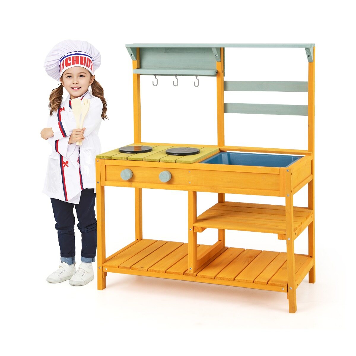 Mud Kitchen laste mänguköök kuusepuidust pliidinuppude ja kraanikausiga, kollane