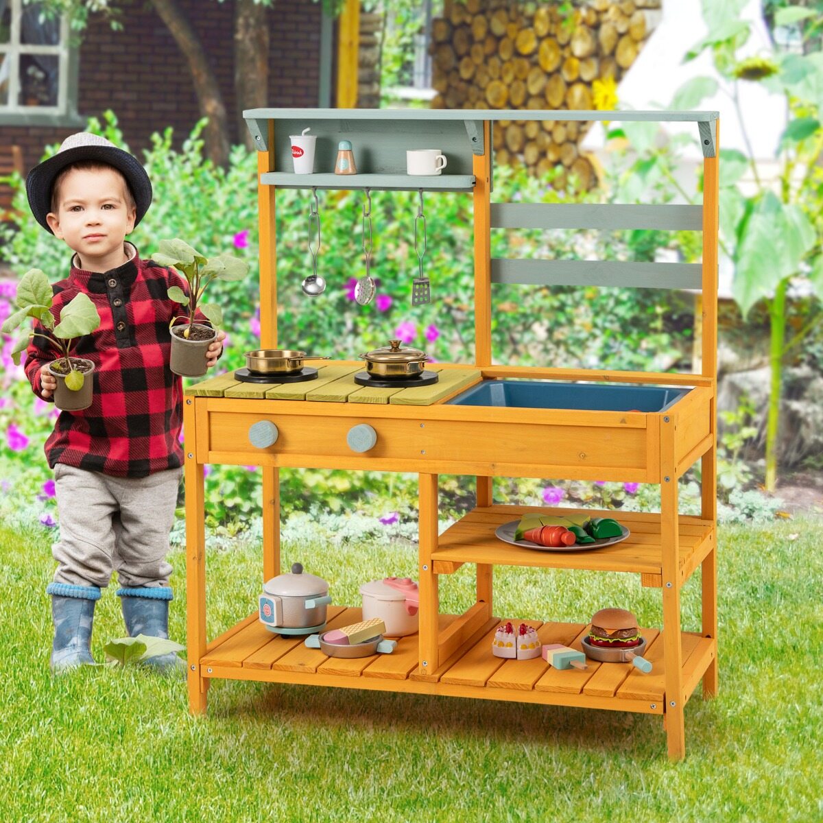 Mud Kitchen laste mänguköök kuusepuidust pliidinuppude ja kraanikausiga, kollane