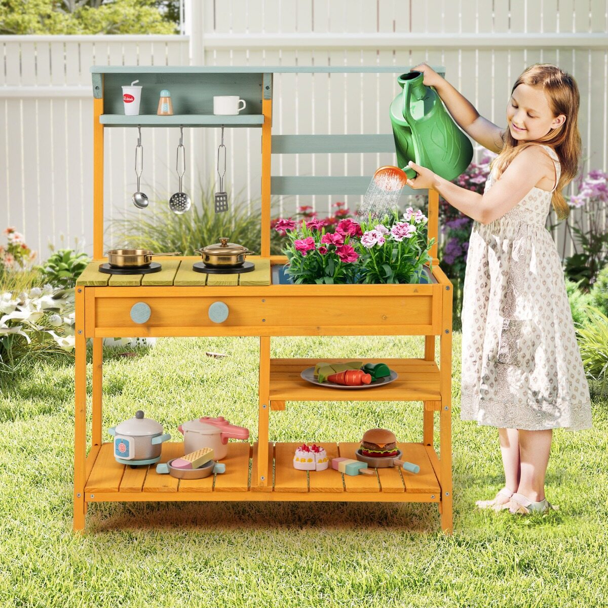 Mud Kitchen laste mänguköök kuusepuidust pliidinuppude ja kraanikausiga, kollane