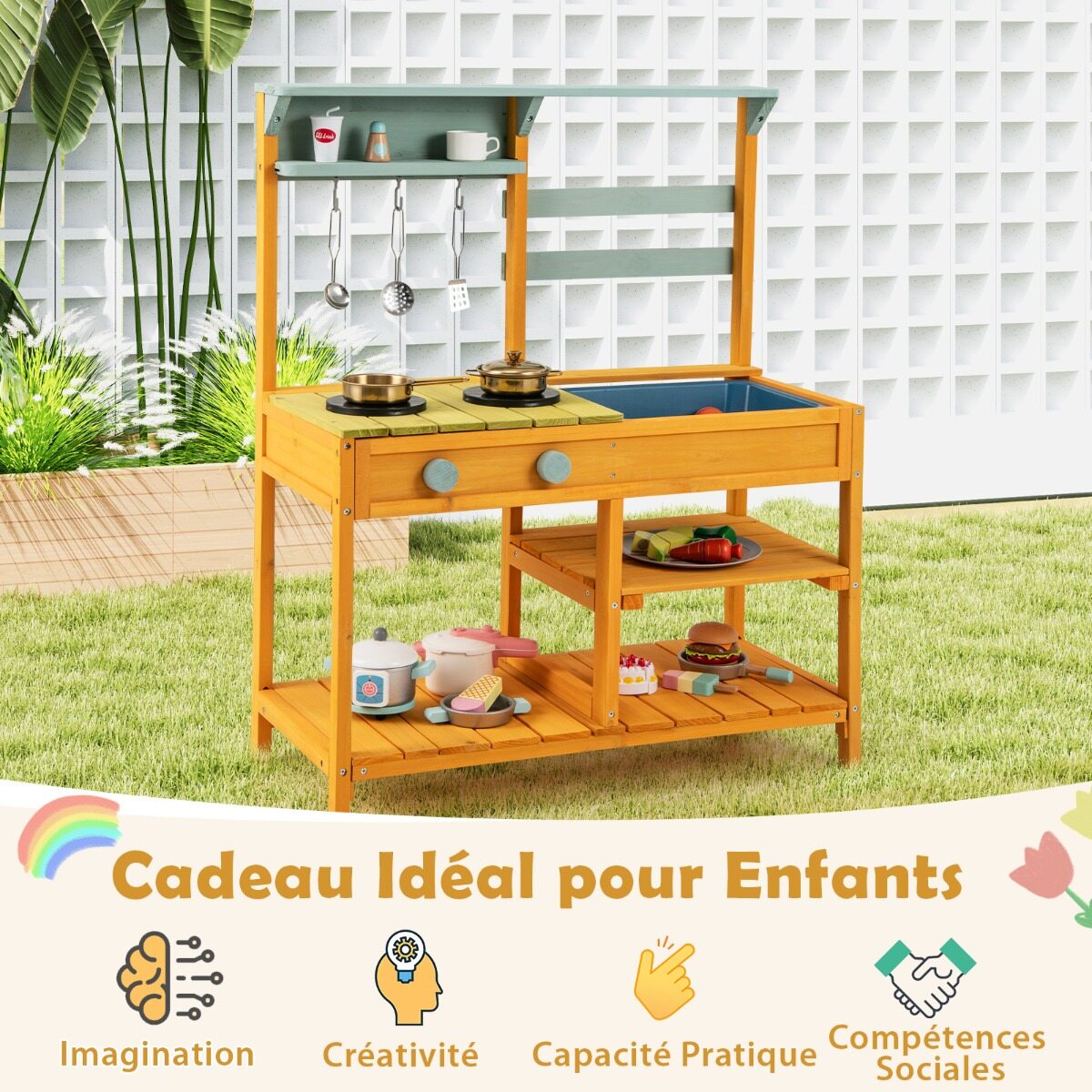 Mud Kitchen laste mänguköök kuusepuidust pliidinuppude ja kraanikausiga, kollane