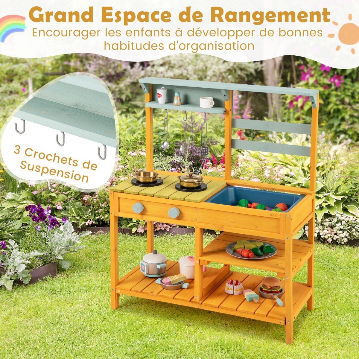 Mud Kitchen laste mänguköök kuusepuidust pliidinuppude ja kraanikausiga, kollane