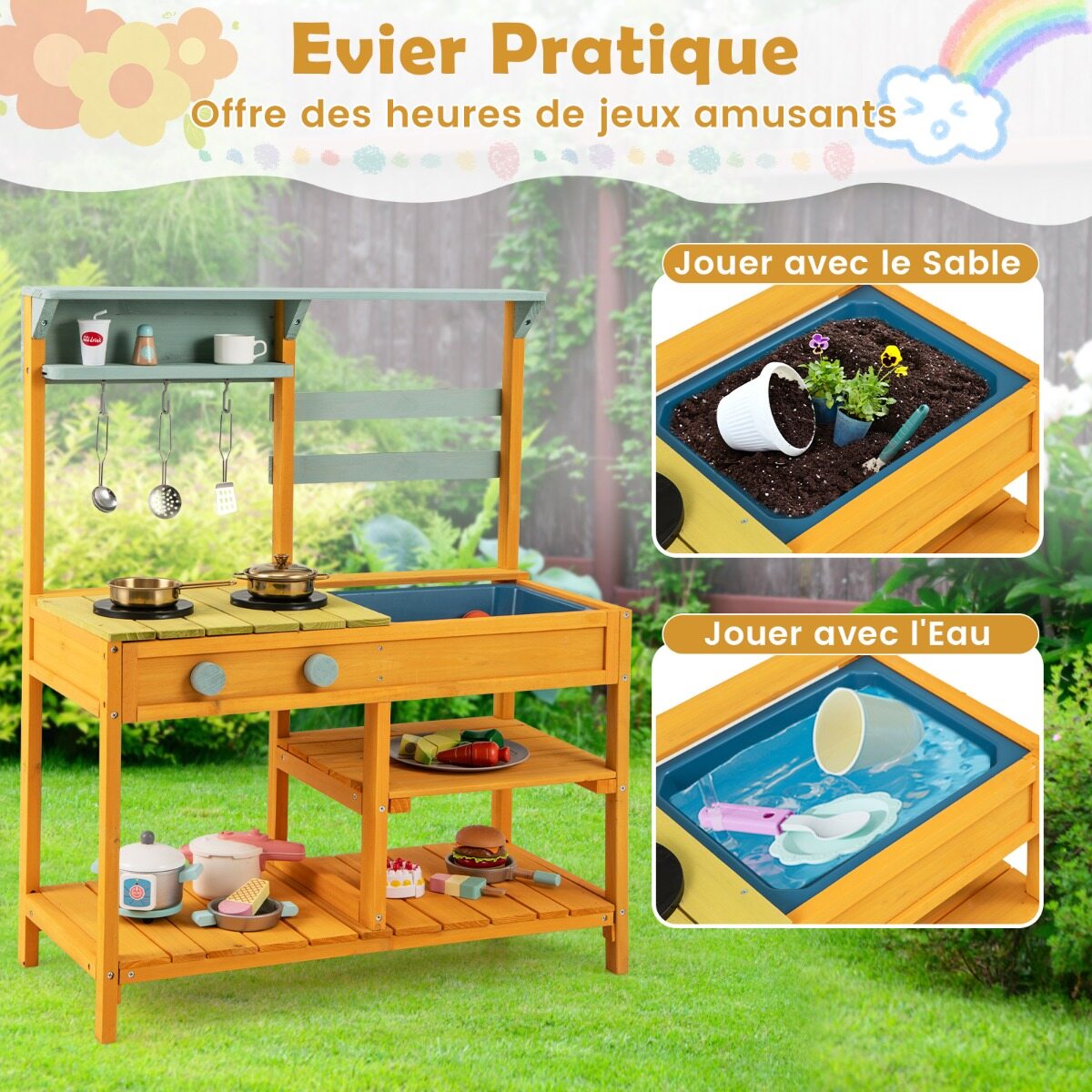 Mud Kitchen laste mänguköök kuusepuidust pliidinuppude ja kraanikausiga, kollane