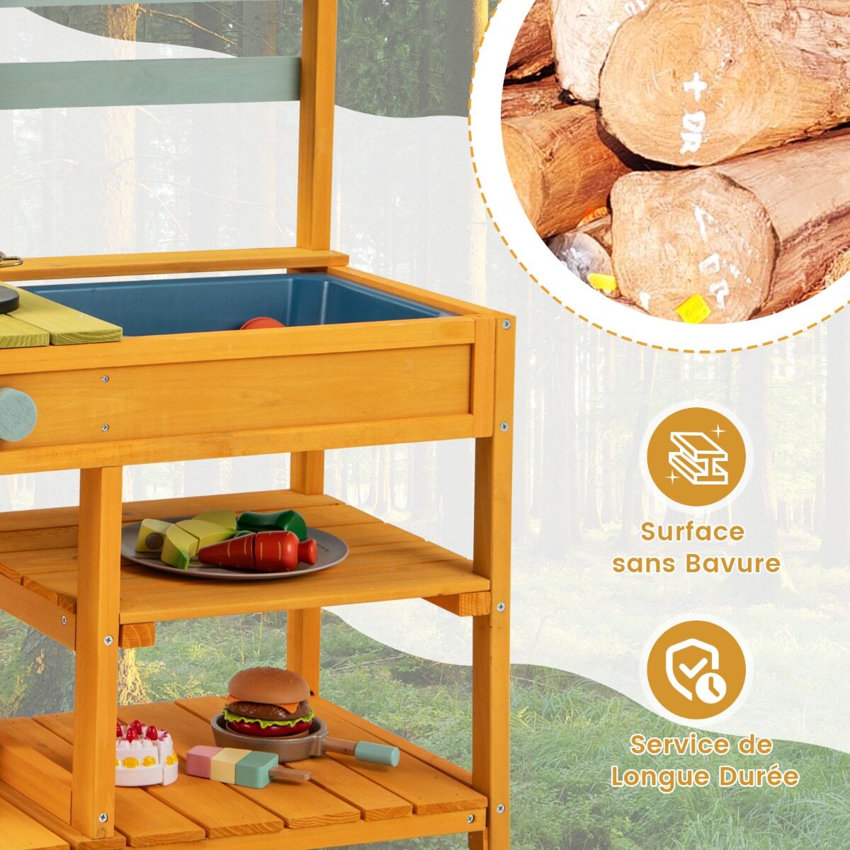 Mud Kitchen laste mänguköök kuusepuidust pliidinuppude ja kraanikausiga, kollane