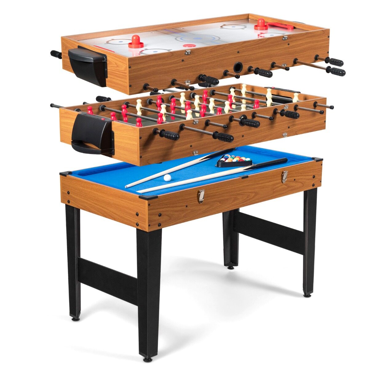 3-ühes multifunktsionaalne mängulaud, 122 cm, kombineeritud mängulaud, lauajalgpall, piljard, liumägi, hoki, kummist käepide, pruun