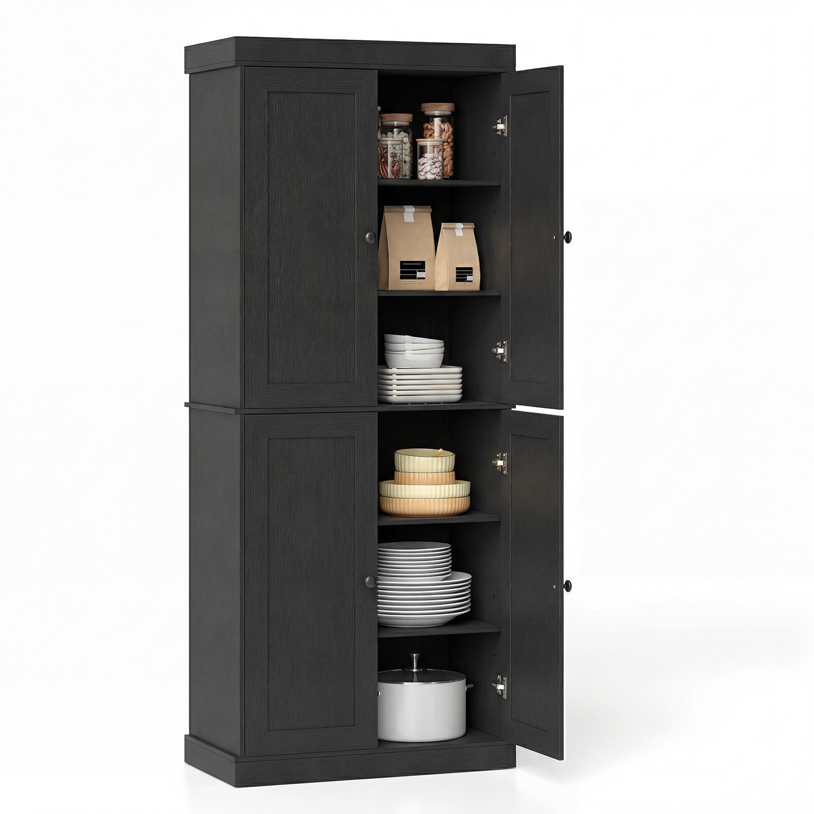 High Kitchen Buffet with 4 Doors, Storage Cabinet with 6 Shelves (2 Adjustable, Anti-Tip), 76 x 40 x 185cm, Black