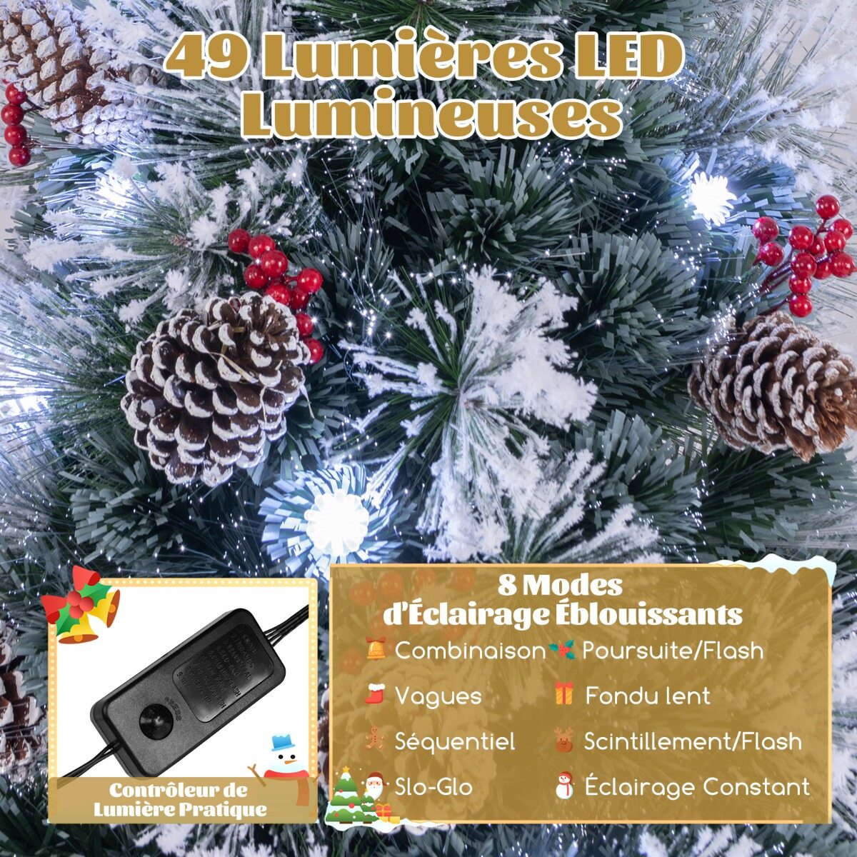 Jõulupuu oksaotsad, punased marjakobarad, männikäbid, fiiberoptilised LED-tuled, 8 valgustusrežiimi, 150 cm
