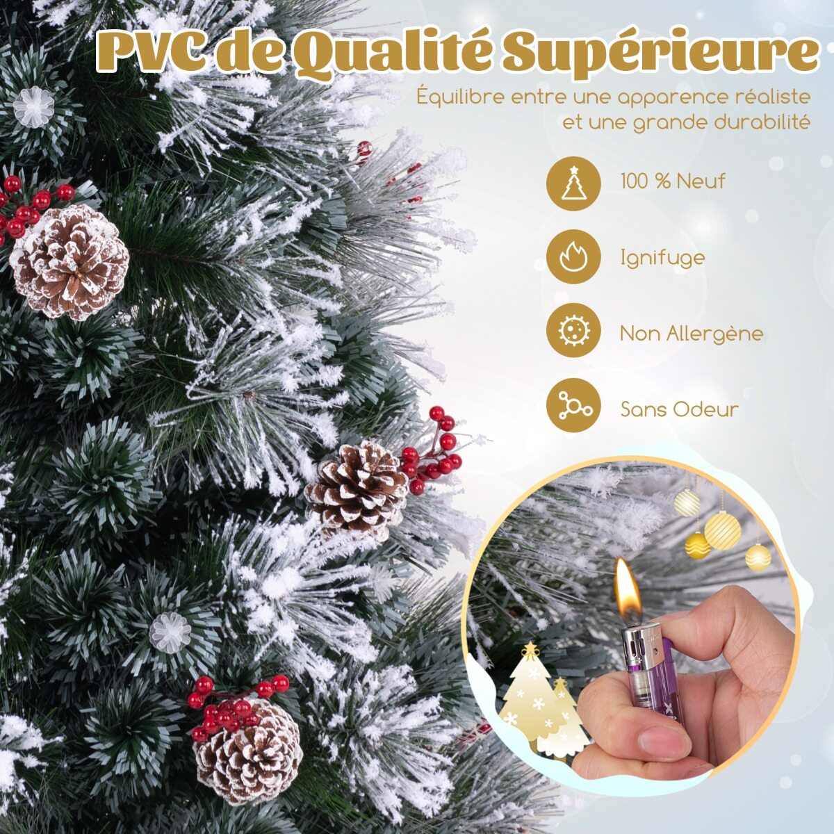 Jõulupuu oksaotsad, punased marjakobarad, männikäbid, fiiberoptilised LED-tuled, 8 valgustusrežiimi, 150 cm