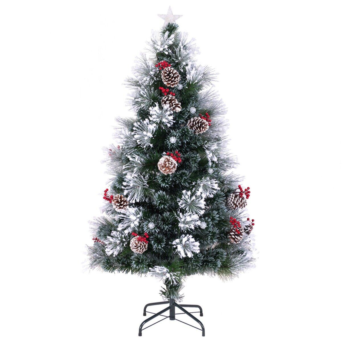Jõulupuu oksaotsad, punased marjakobarad, männikäbid, fiiberoptilised LED-tuled, 8 valgustusrežiimi, 150 cm