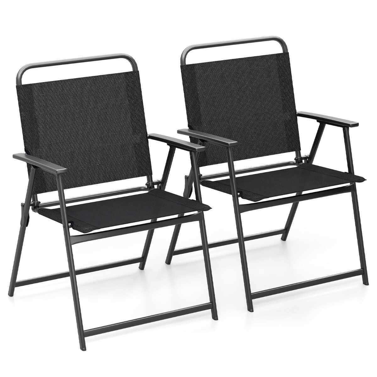 2 kokkupandavat aiatooli komplekt metallraamiga, rannatoolid seljatoe ja käetugedega, mustad