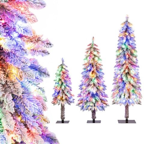 3 eelvalgustatud jõulupuu komplekt (90/120/150 cm) 115 + 207 + 275 lumivalge oksaotsa ja 50, 100 ja 150 mitmevärvilise LED-tulega