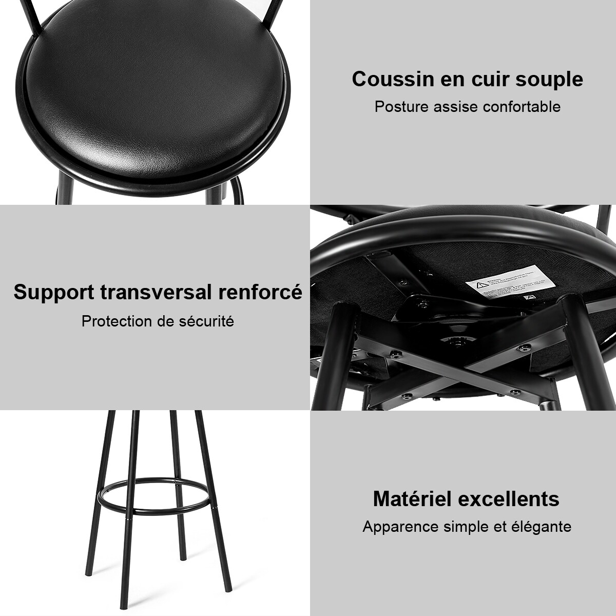 2 baaritooli, 360° pöörlev, terastorudest ja paksudest mustadest poroloonpatjadest