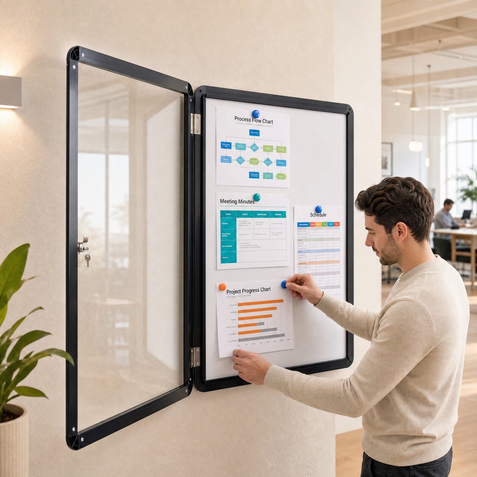 Lukustatav vitriinkapp/infokarp magnetilise ja kirjutatava tagapaneeliga, 90 x 65 cm, must