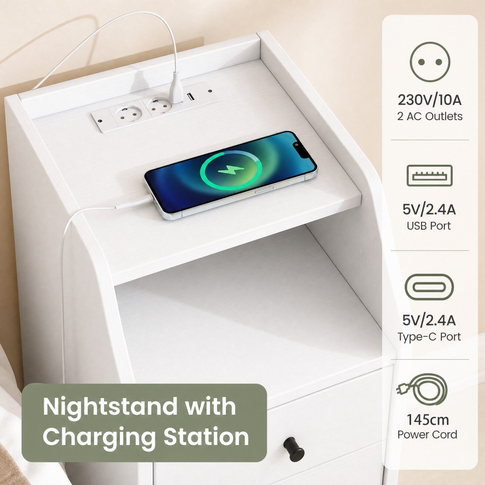 Öökapp/külglaud pistikupesade, USB ja C-tüüpi portidega, öökapp avatud sahtli ja 2 sahtliga, valge