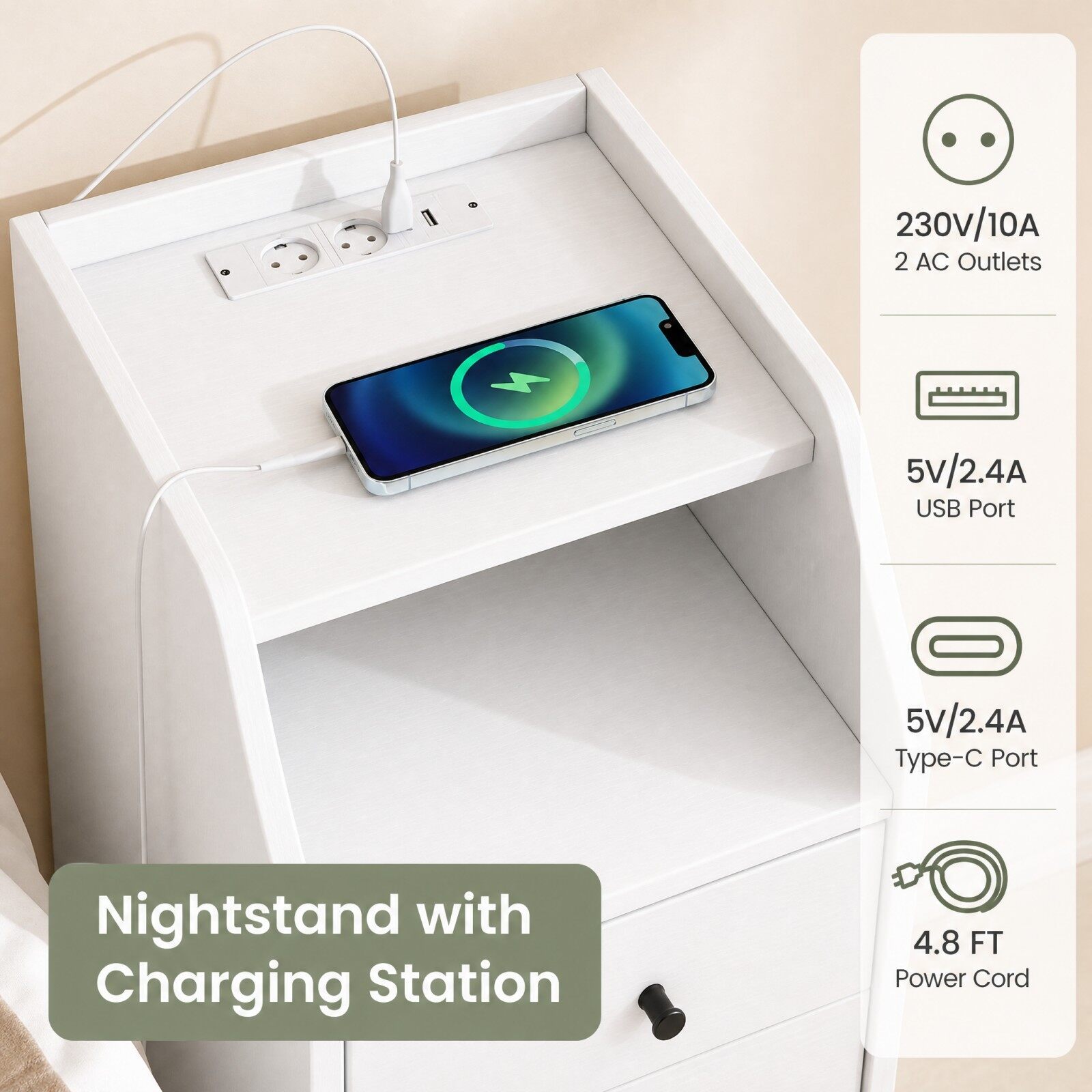 Öökapp/külglaud pistikupesade, USB ja C-tüüpi portidega, öökapp avatud sahtli ja 2 sahtliga, valge
