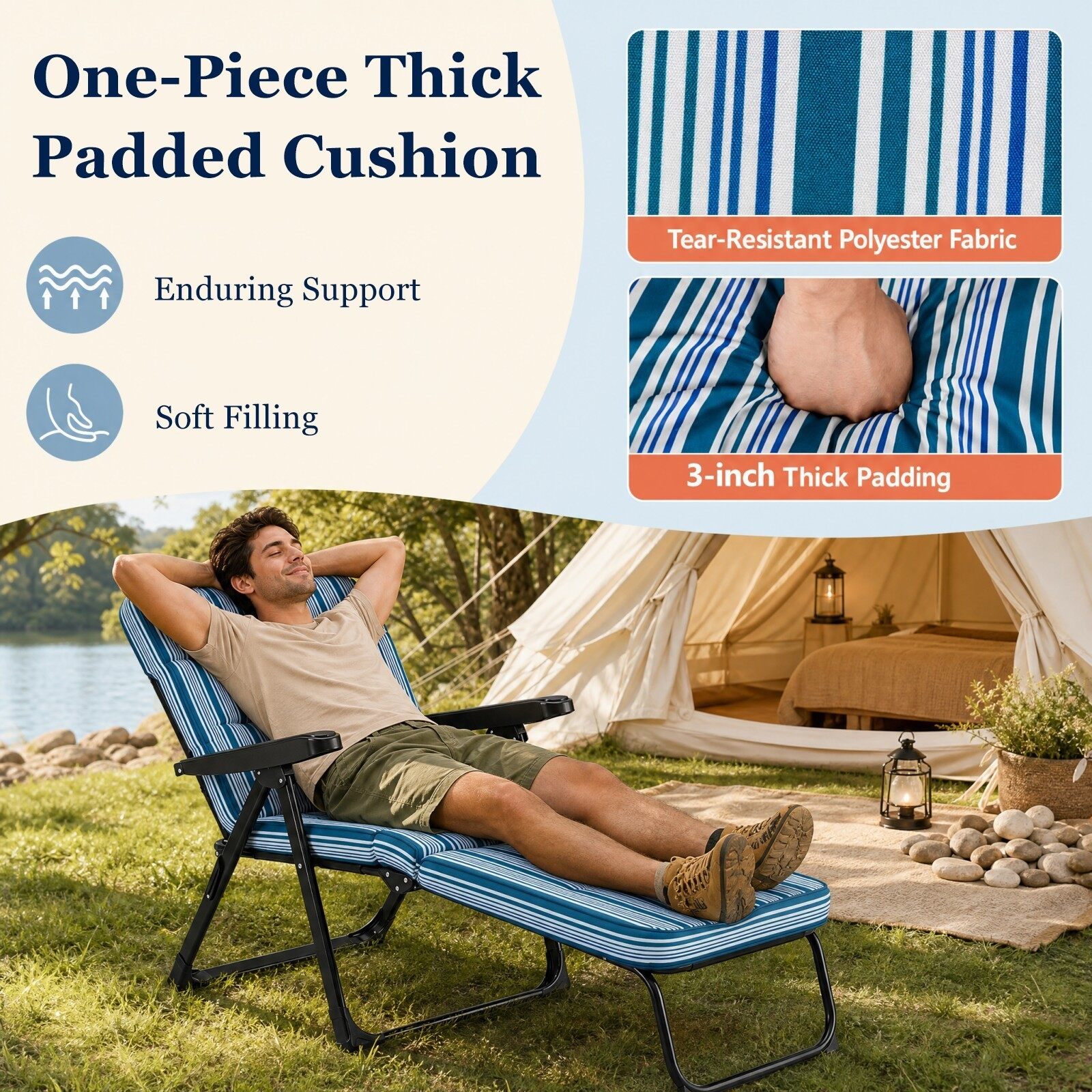 Sun lounger, garden lounger, foldable with thick seat cushion, adjustable backrest & armrests, blue