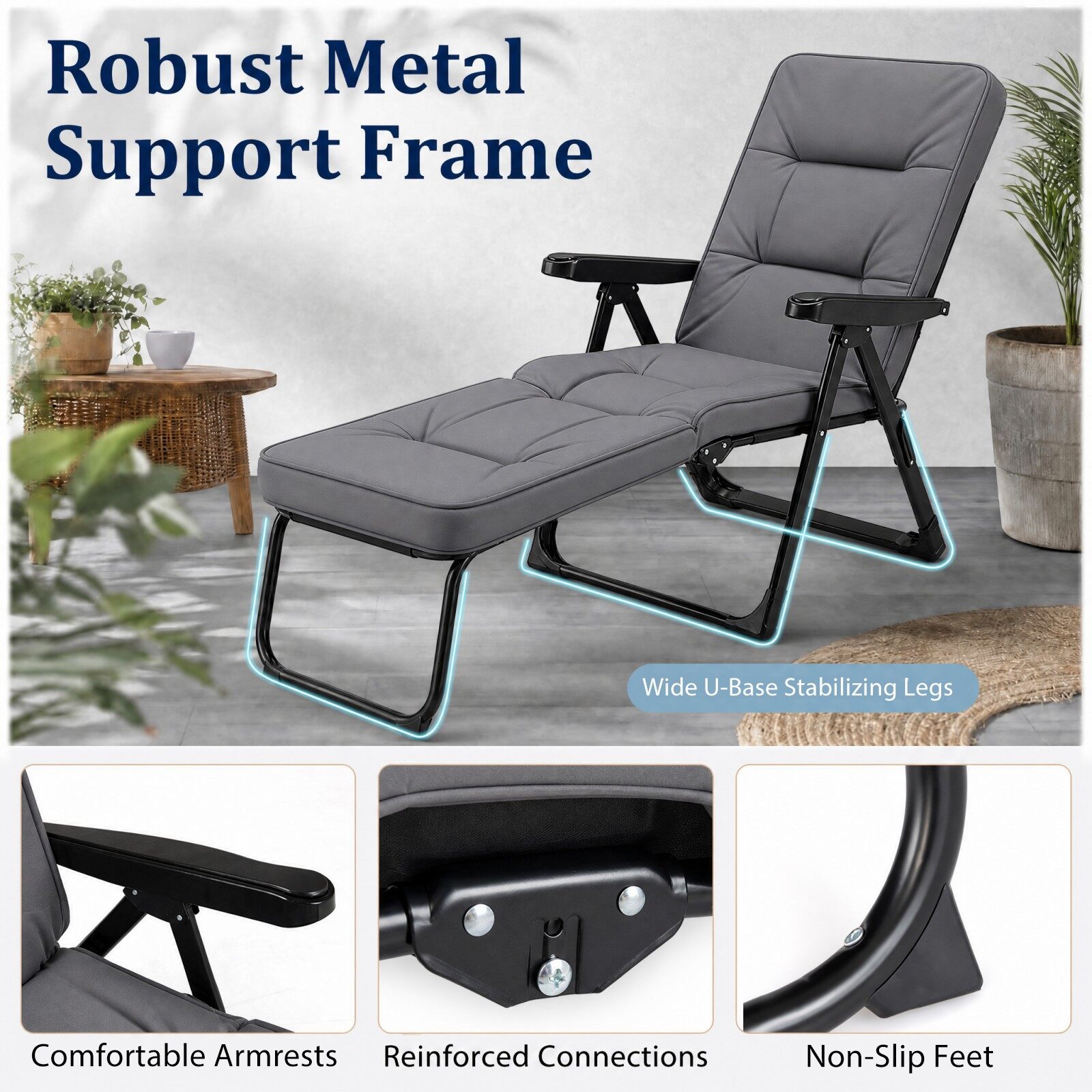 Sun lounger, garden lounger, foldable with thick seat cushion, adjustable backrest & armrests, grey