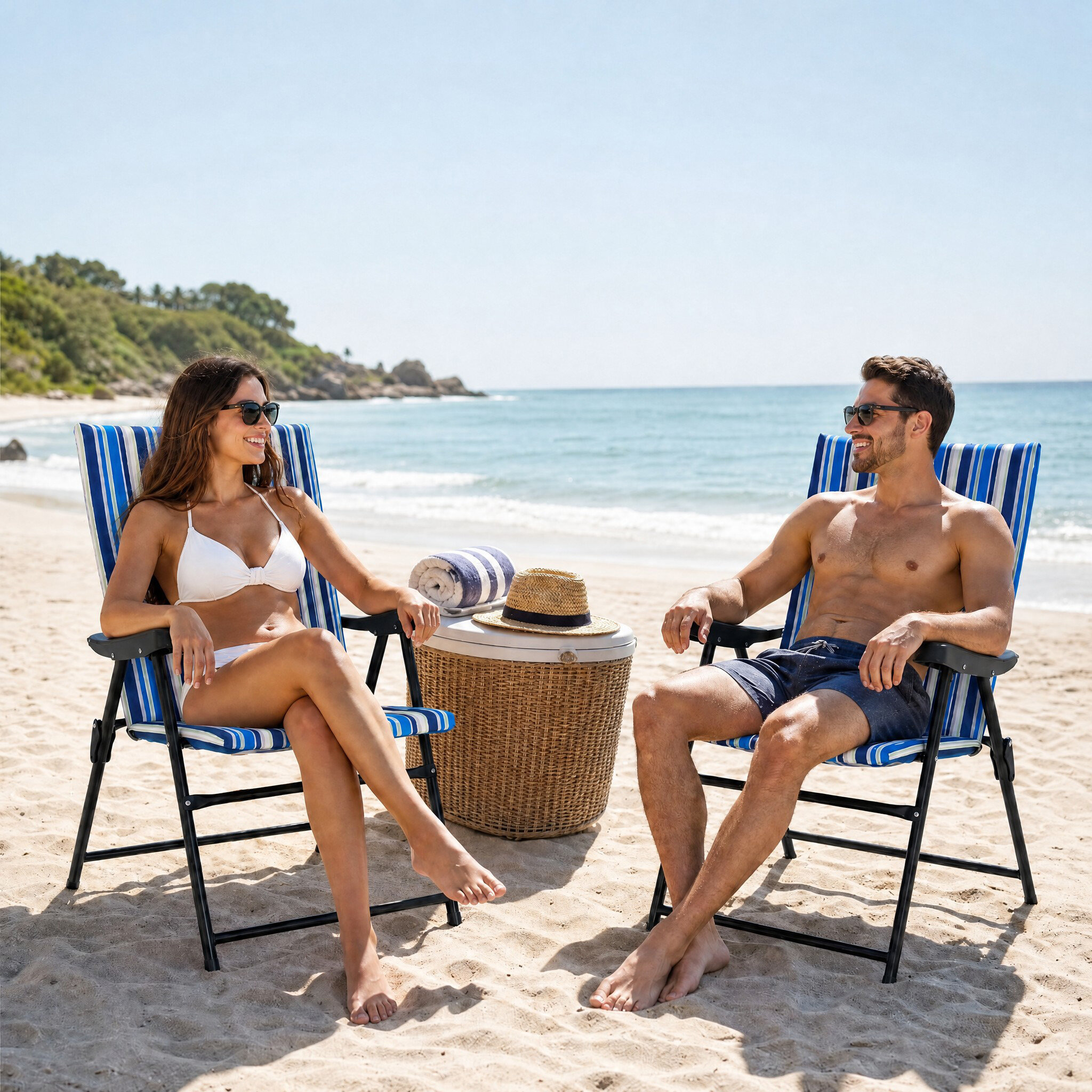 Set of 2 Folding Beach Chairs, Camping Chairs with High Backrest, Armrests and Wide Seat, Load Capacity up to 150 kg