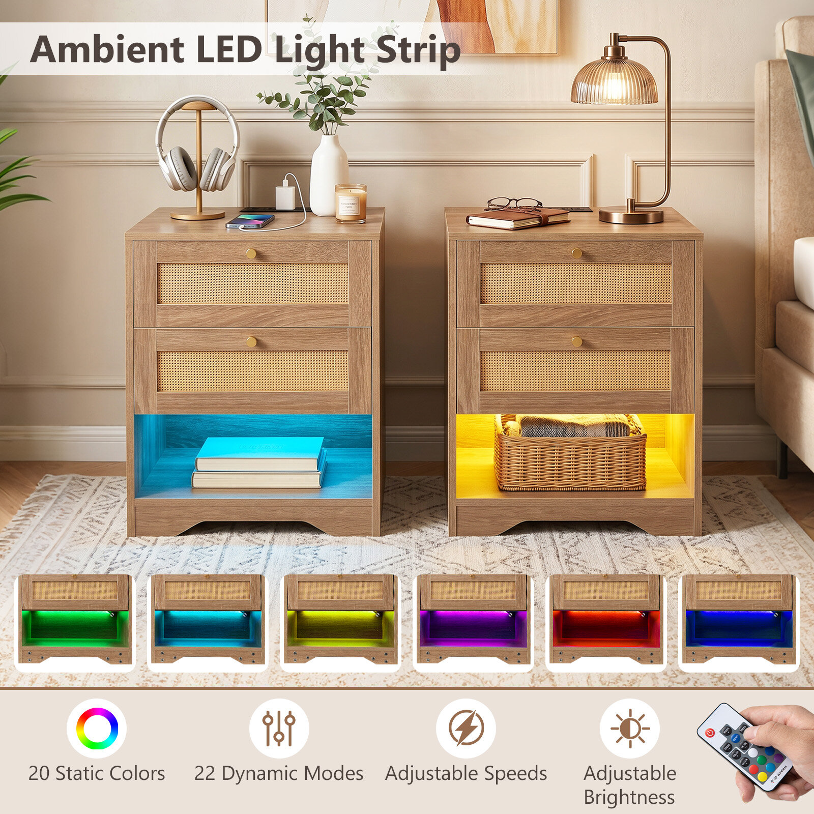 Öökapp LED-tulede ja laadimisjaamaga, abilaud Ratten avatud sahtliga, 50 x 40 x 60 cm