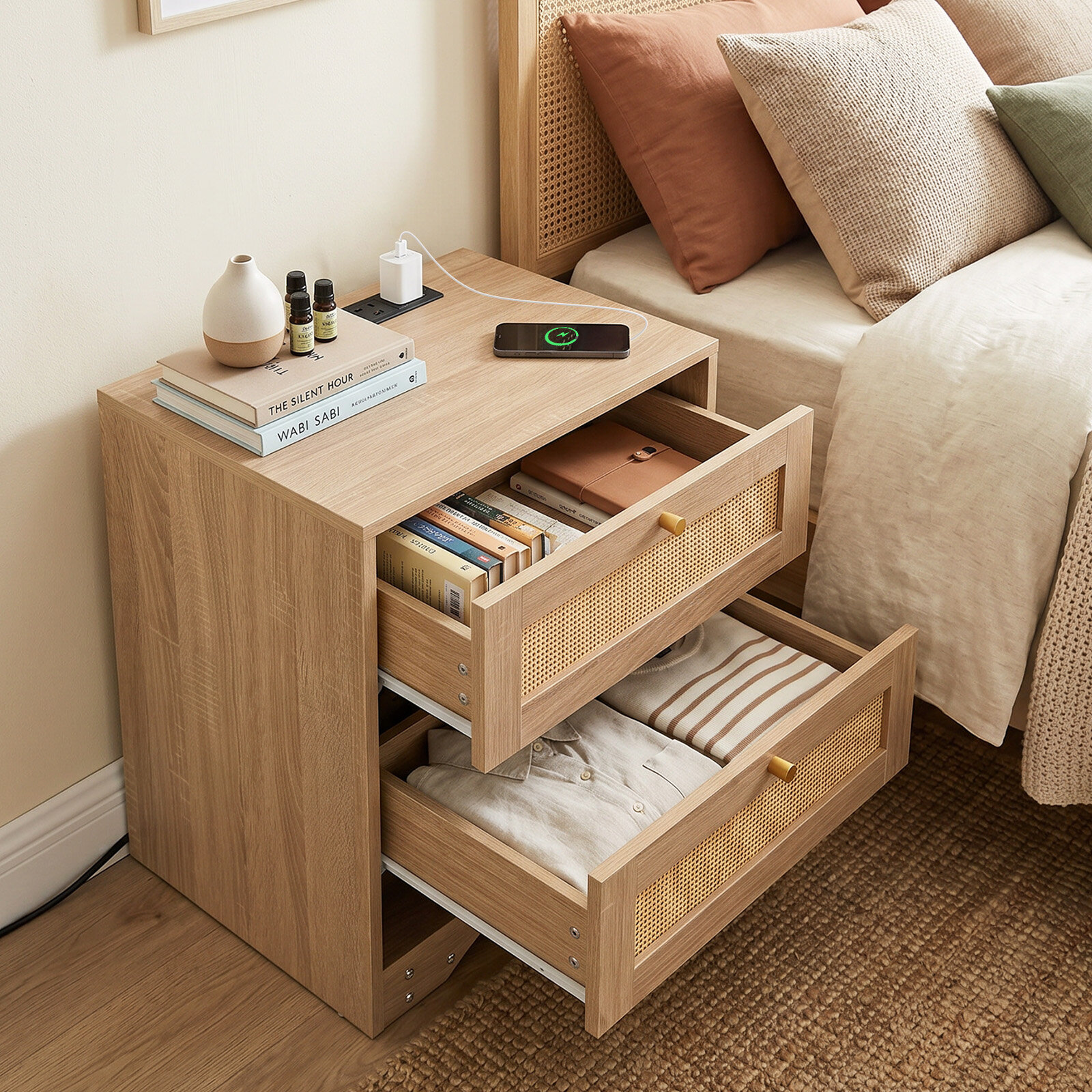Öökapp LED-tulede ja laadimisjaamaga, abilaud Ratten avatud sahtliga, 50 x 40 x 60 cm