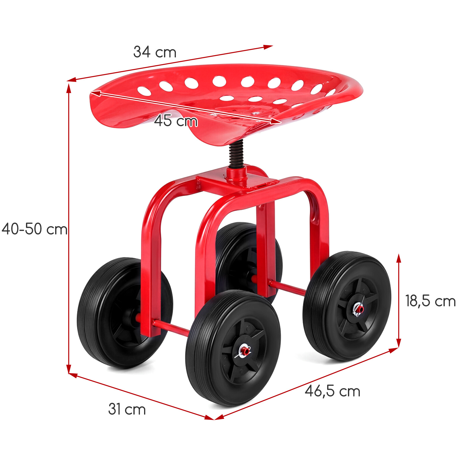 Aiakäru ratastel, ratastel tööiste 360° pöörleva ja reguleeritava kõrgusega, punane